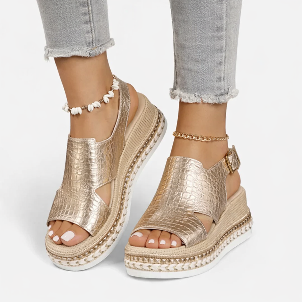 Women's Metallic Strappy Platform Wedge Heel Sandals - Gold