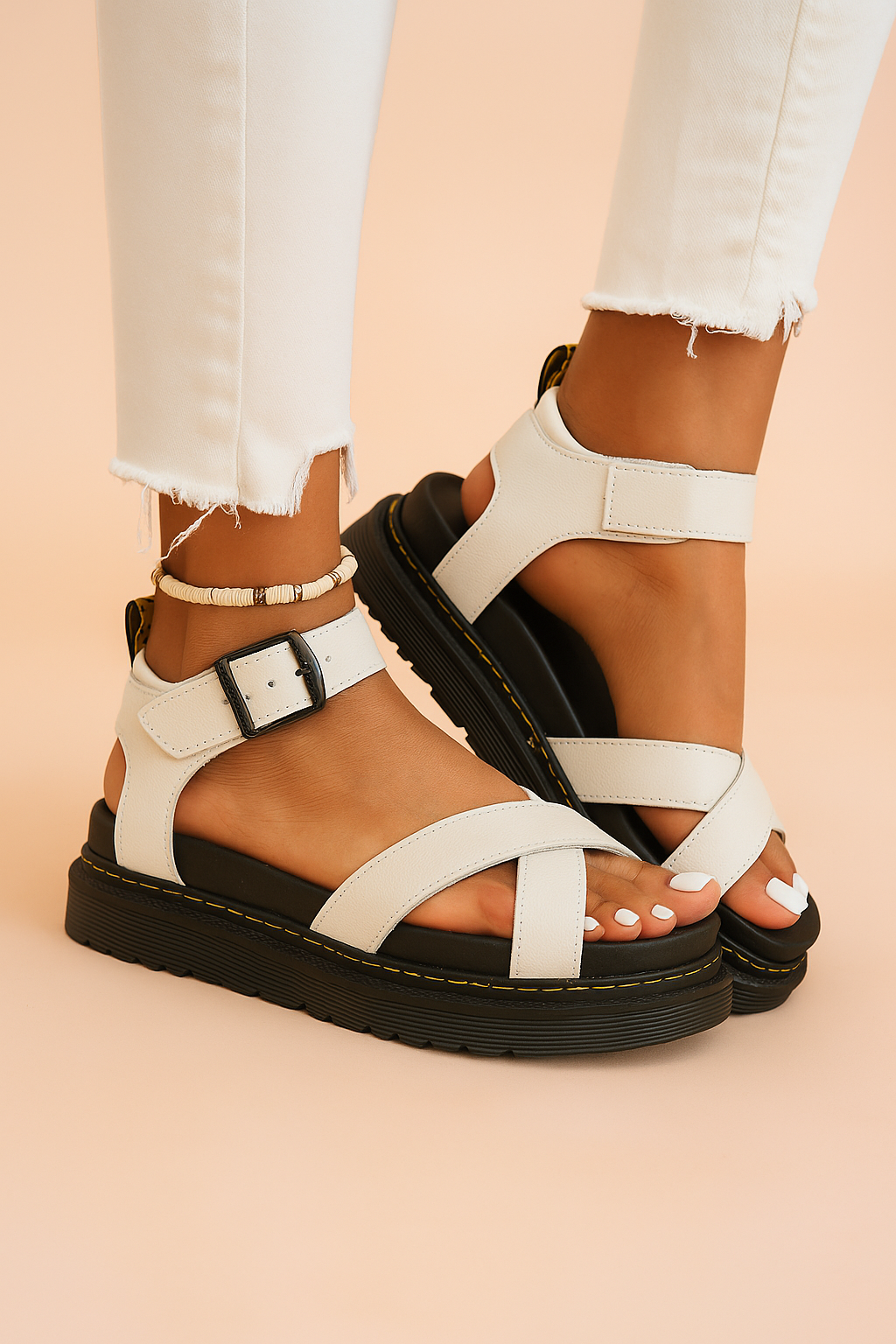 Women's Buckle Platform Non-Slip Strappy - White
