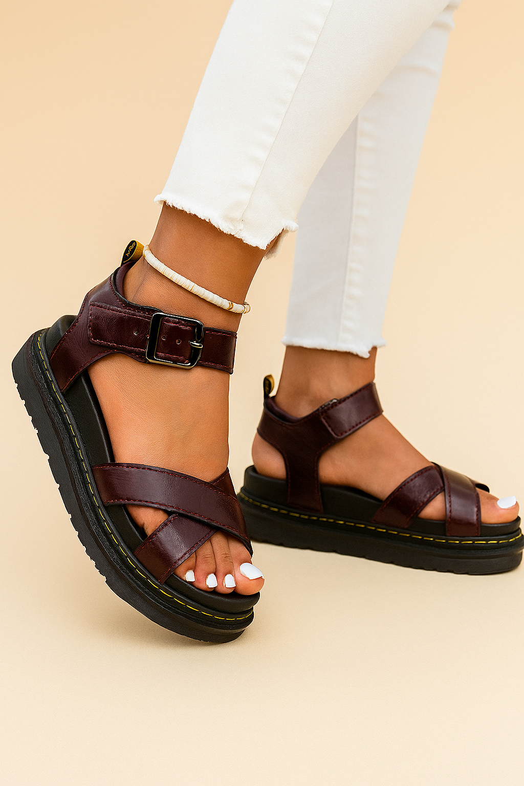 Women's Buckle Platform Non-Slip Strappy - Burgundy