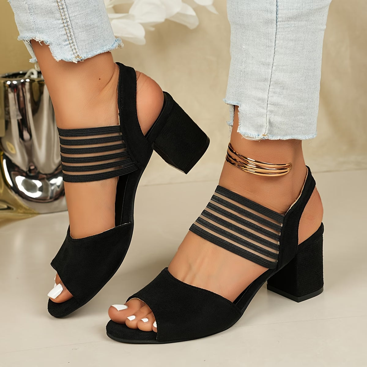 Women's Chic Striped Strappy Block Heel Sandals - Black