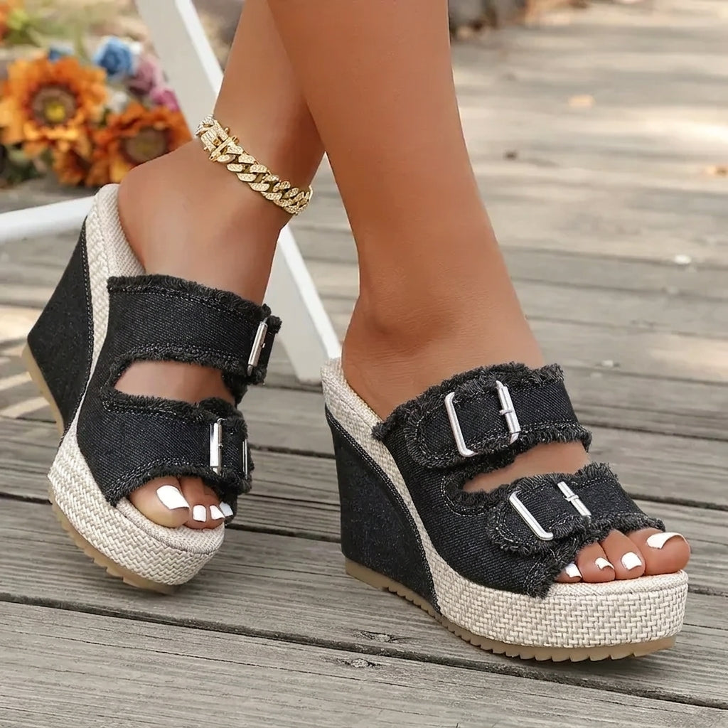 Women's Denim Espadrille Wedge Heel Sandals - Black