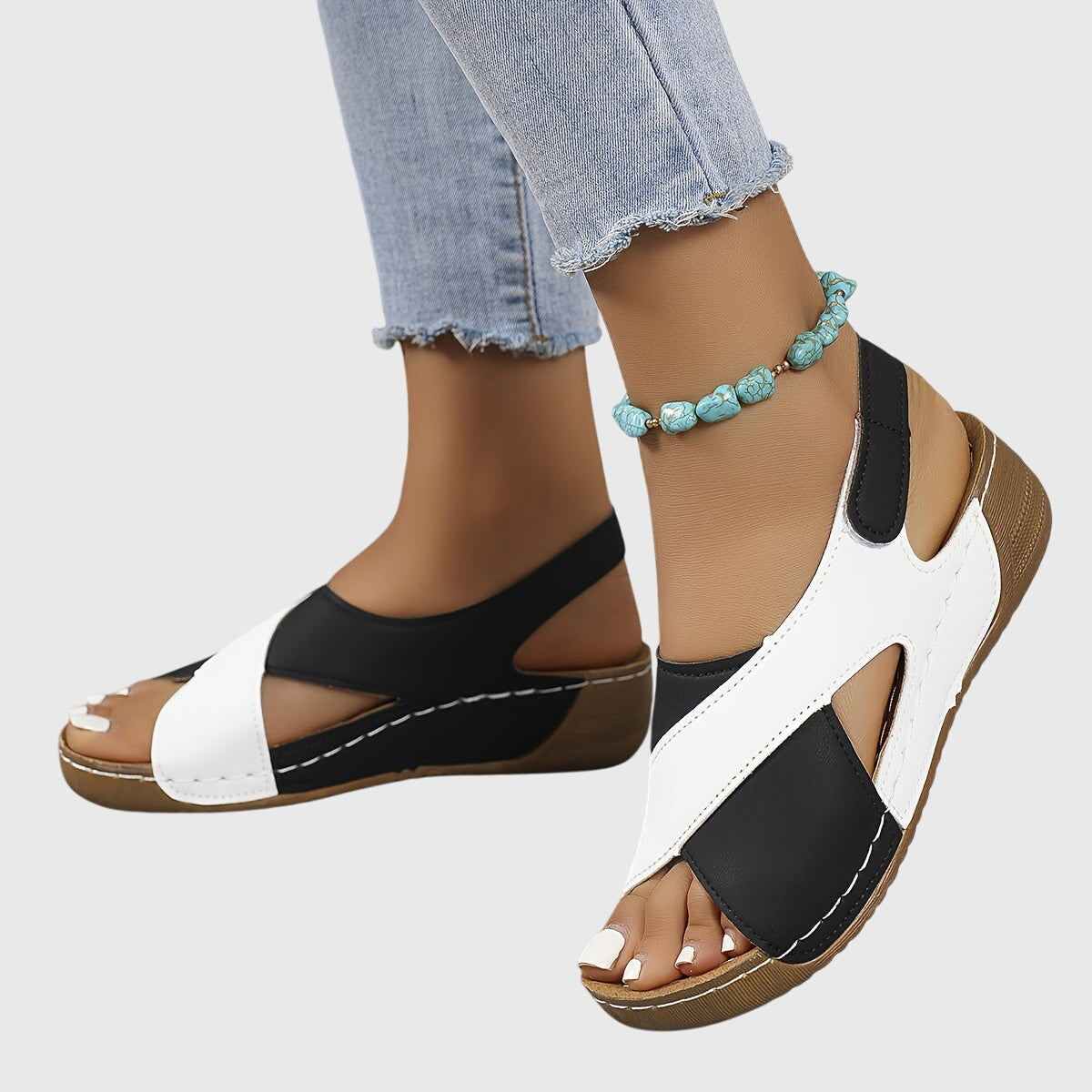 Women's Strappy Orthopaedic Wedge-Heel Sandals - Multi-colour - Black