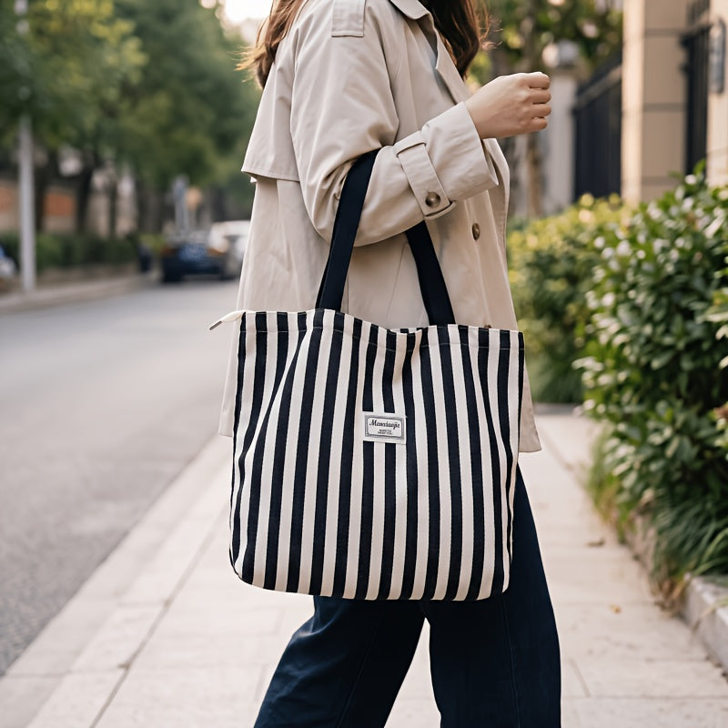 Women's Striped Canvas Shoulder Tote Bag