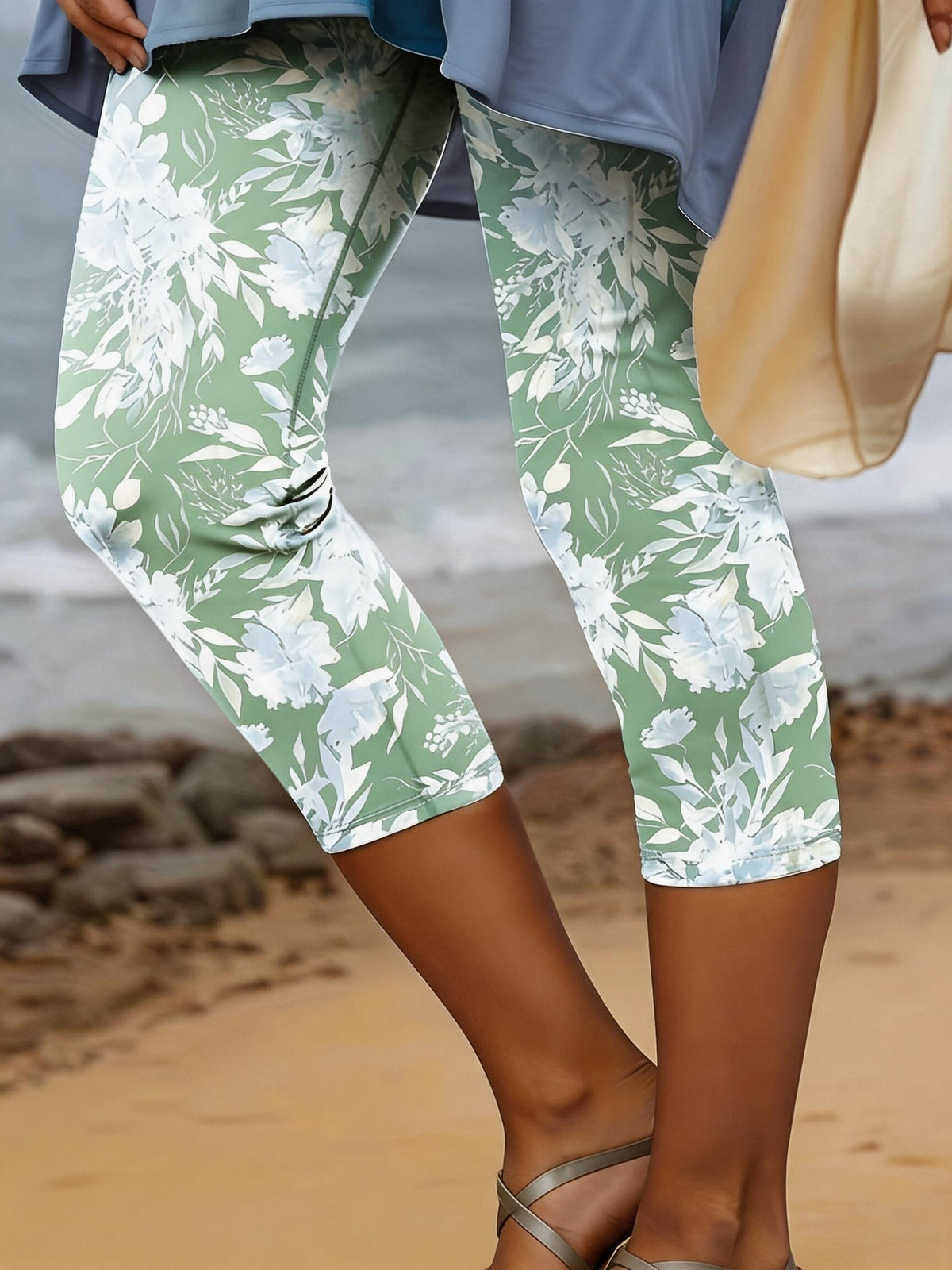 Women's Casual Floral Knit Capri Legging Pants