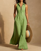 Nerine | Classic Linen Sleeveless Long Sleeveless Maxi Shirt Dress