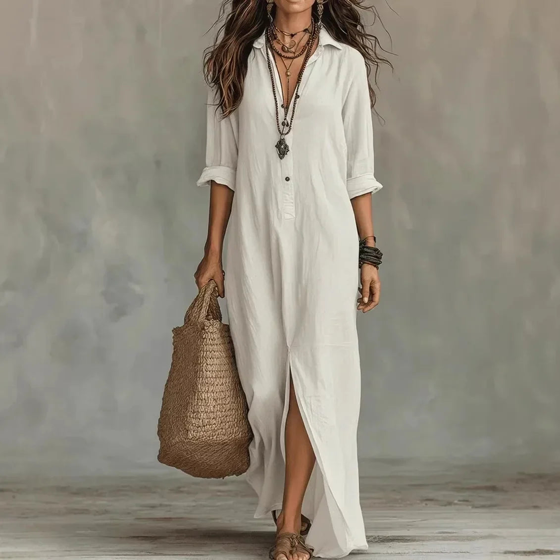 Women's Timeless Linen Maxi Shirt Dress - White