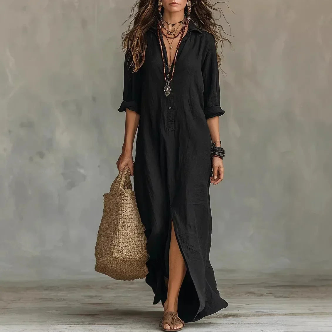 Women's Timeless Linen Maxi Shirt Dress - Black