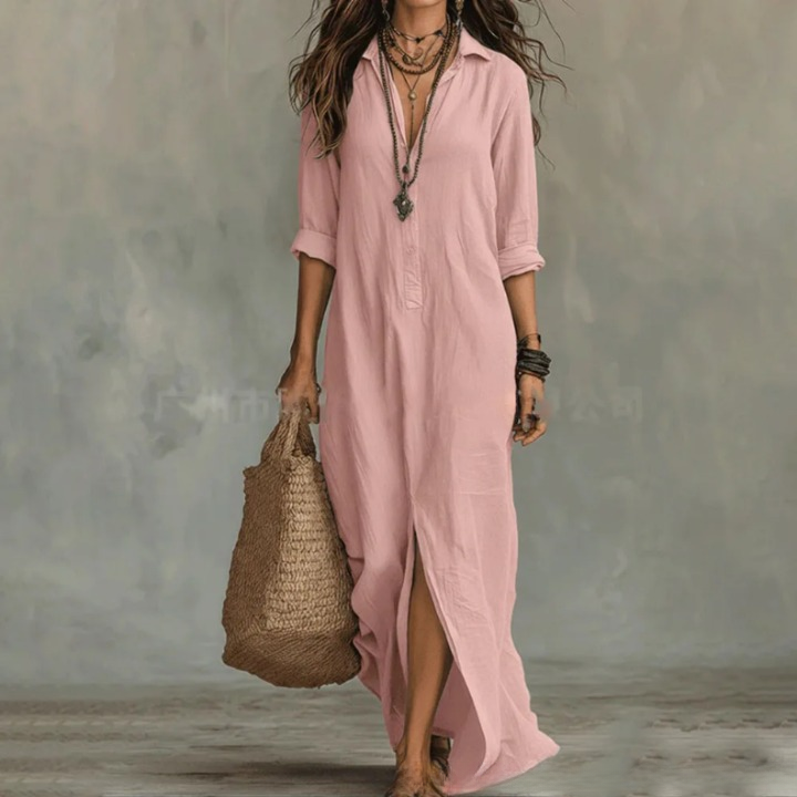Women's Timeless Linen Maxi Shirt Dress - Pink
