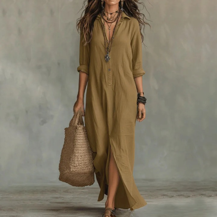 Women's Timeless Linen Maxi Shirt Dress - Khaki