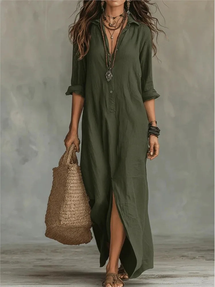 Women's Timeless Linen Maxi Shirt Dress - Green