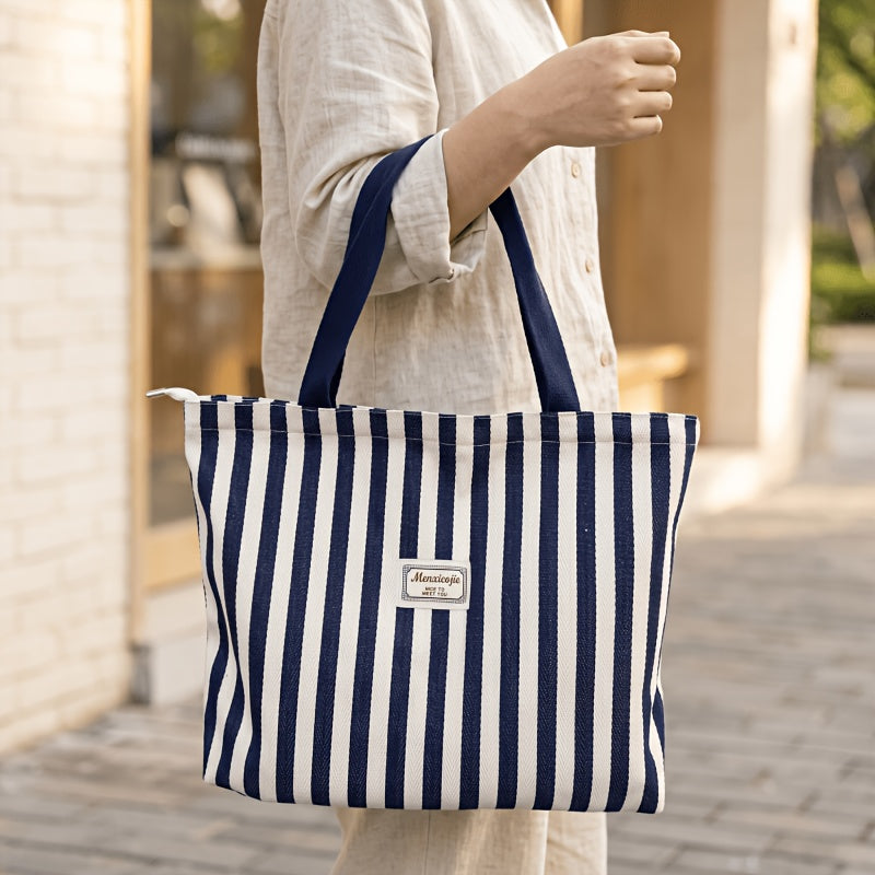 Women's Striped Canvas Shoulder Tote Bag