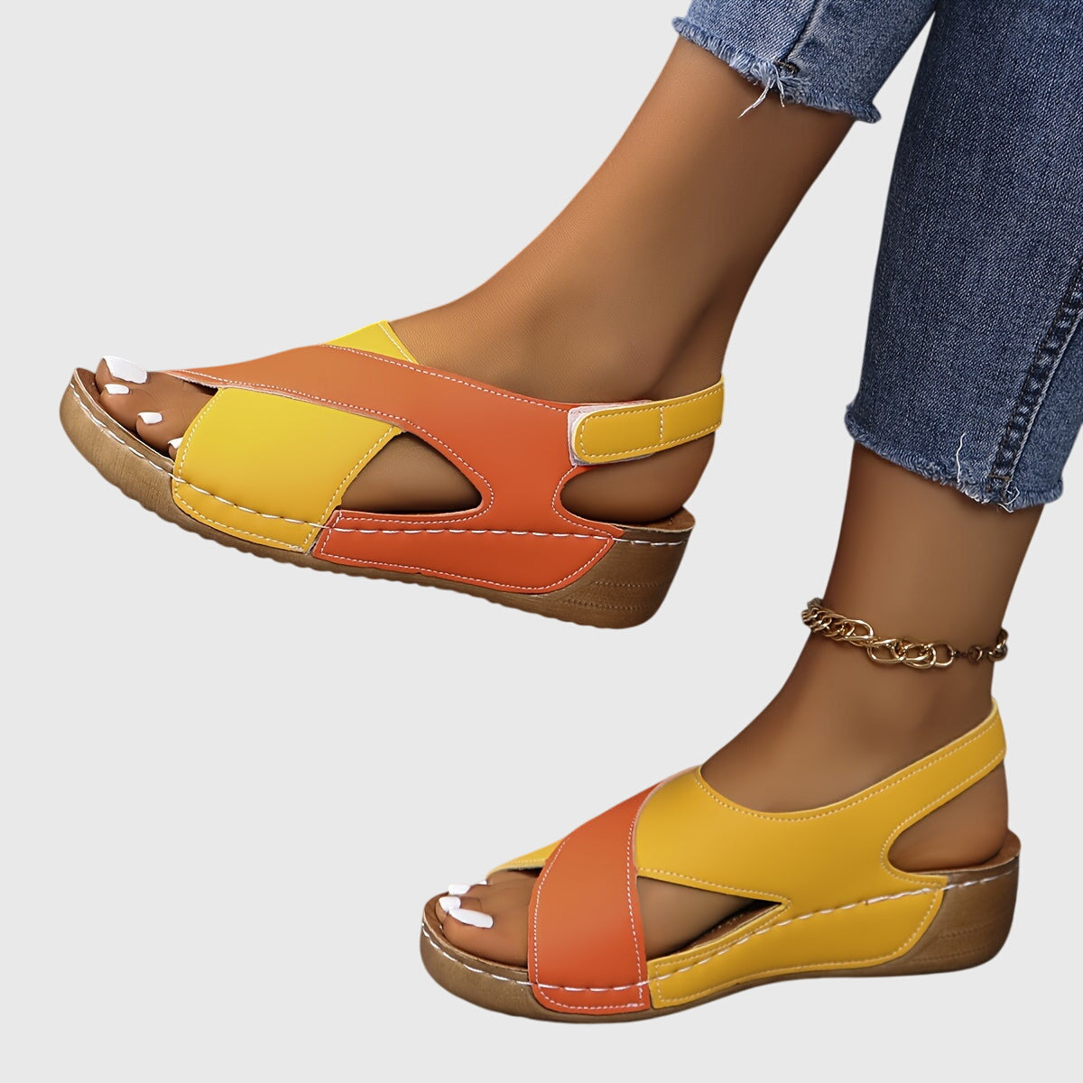 Women's Strappy Orthopaedic Wedge-Heel Sandals - Multi-colour - Orange