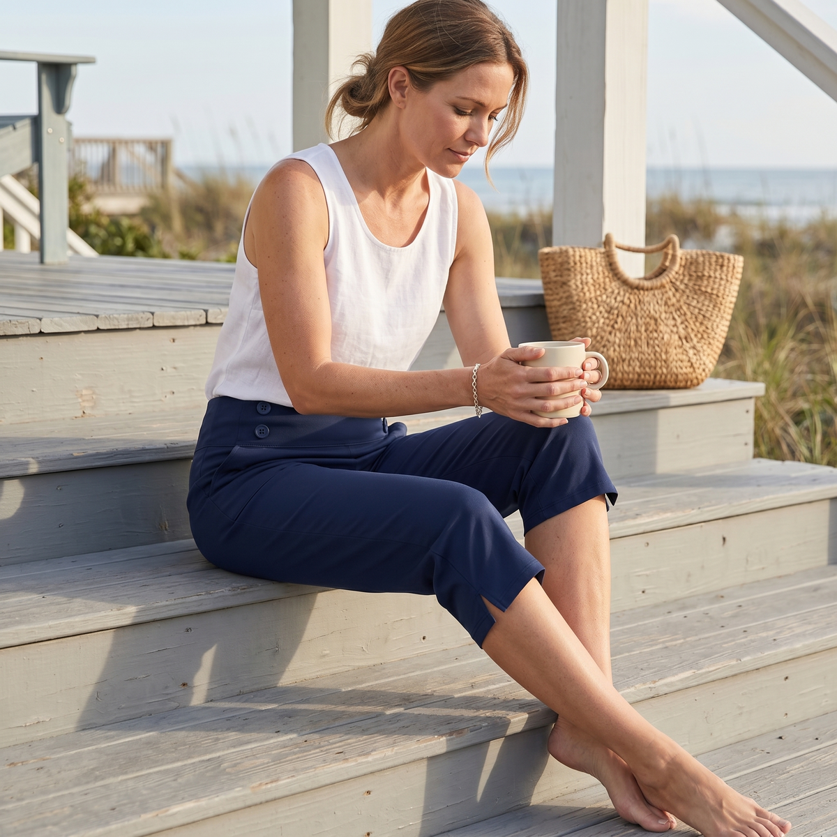 Women's High-Waist Button-Front Capri Pants