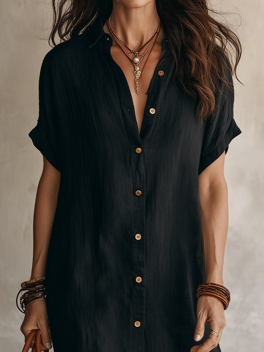 Women's Classic Linen Midi Button Shirt Dress