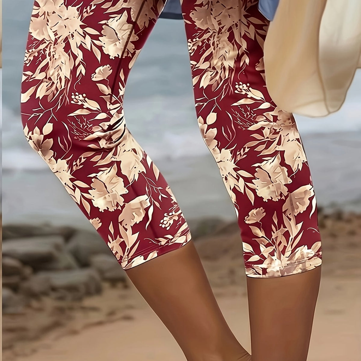 Women's Casual Floral Knit Capri Legging Pants - Burgundy
