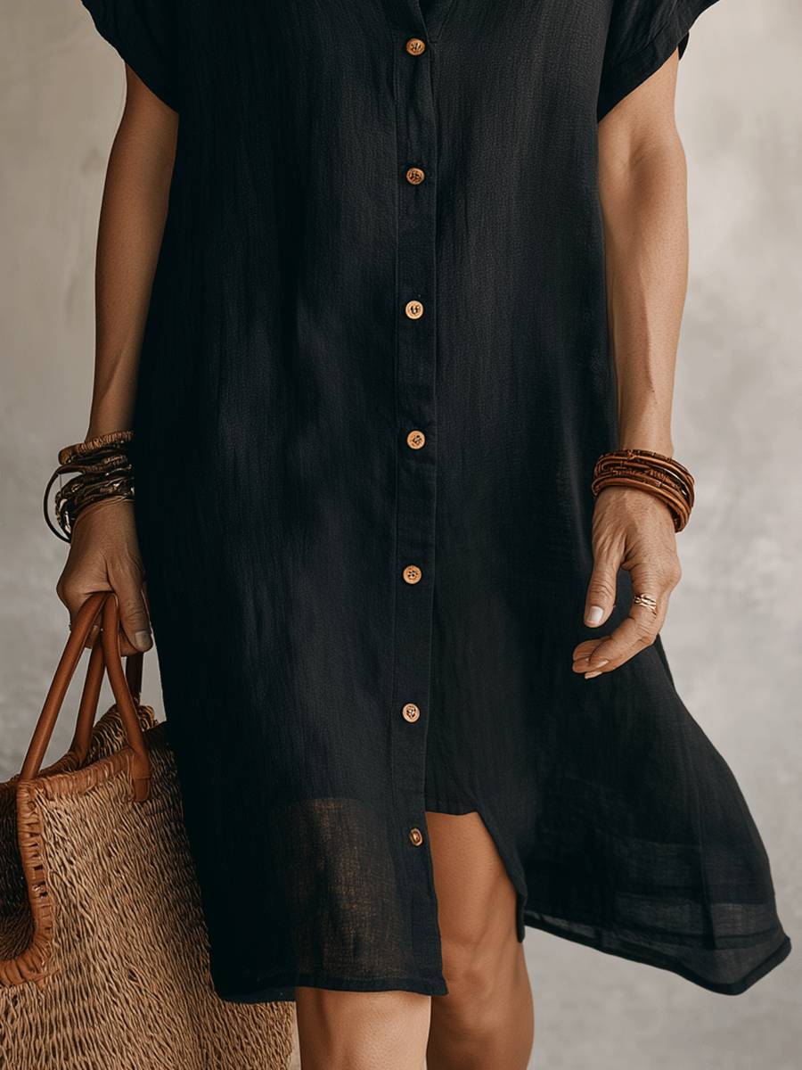 Women's Classic Linen Midi Button Shirt Dress