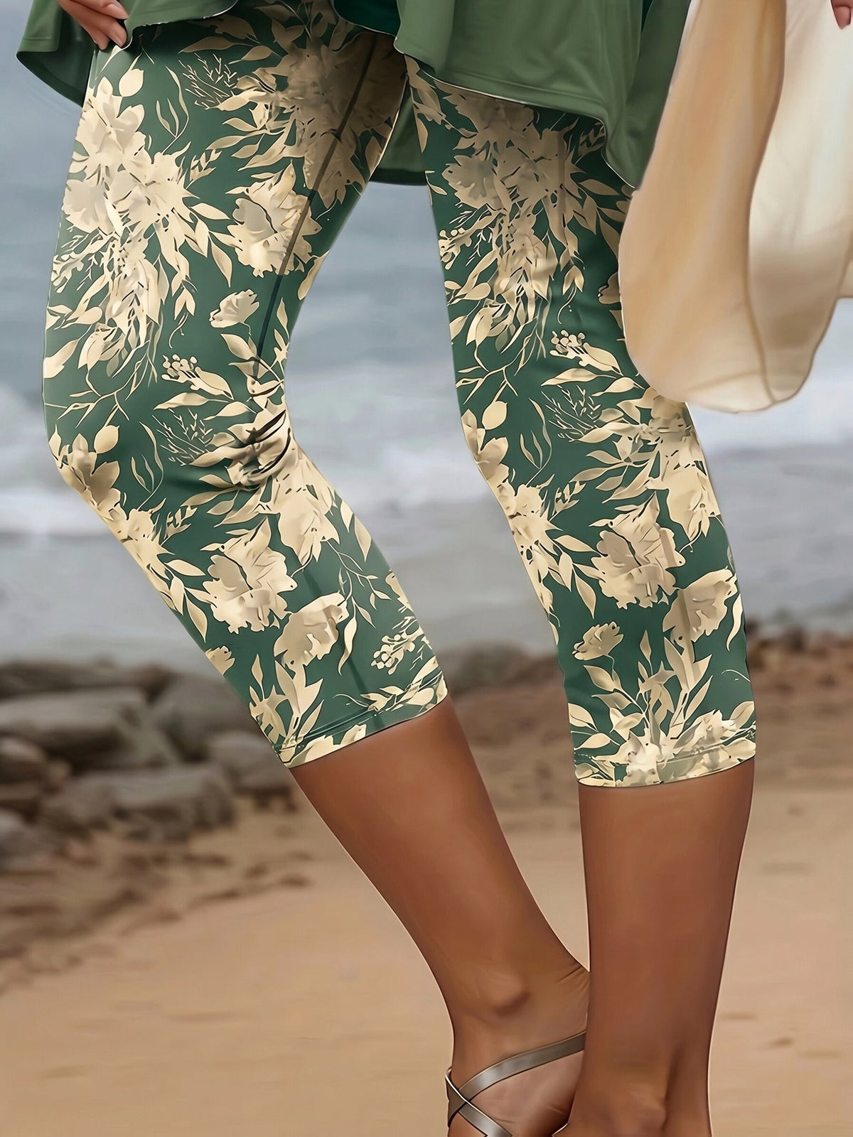 Women's Casual Floral Knit Capri Legging Pants