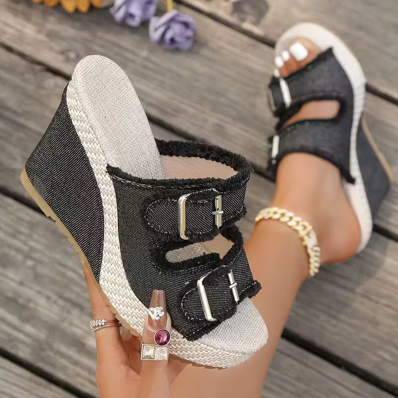 Women's Denim Espadrille Wedge Heel Sandals
