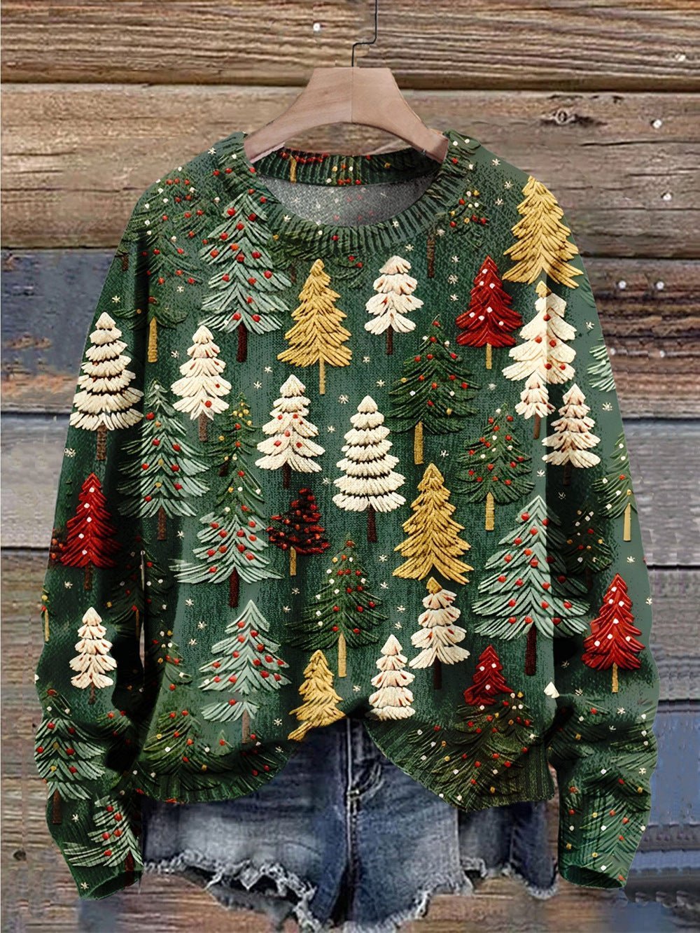 Women's Knit Crew Neck Christmas Sweater - Dark Green