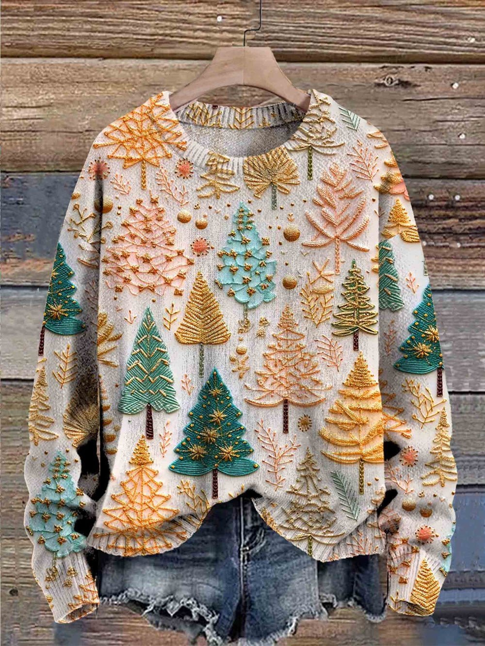 Women's Knit Crew Neck Christmas Sweater - Beige