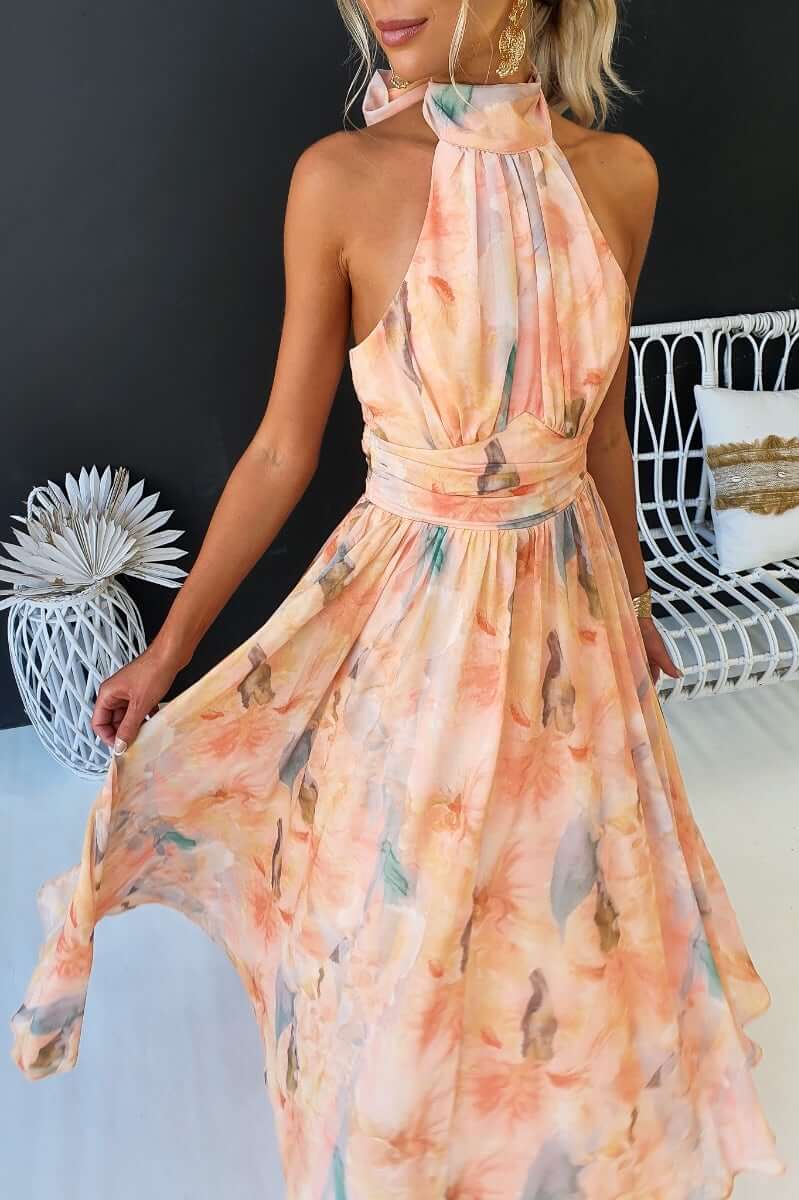 Women's Summer Maxi Halter Neck Dress - Peach Floral