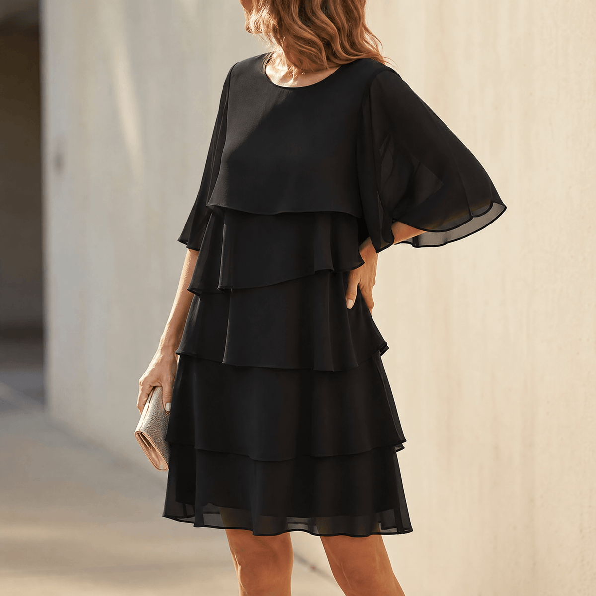 Women's Flutter Sleeve Mini Bridal Guest Dress - Black