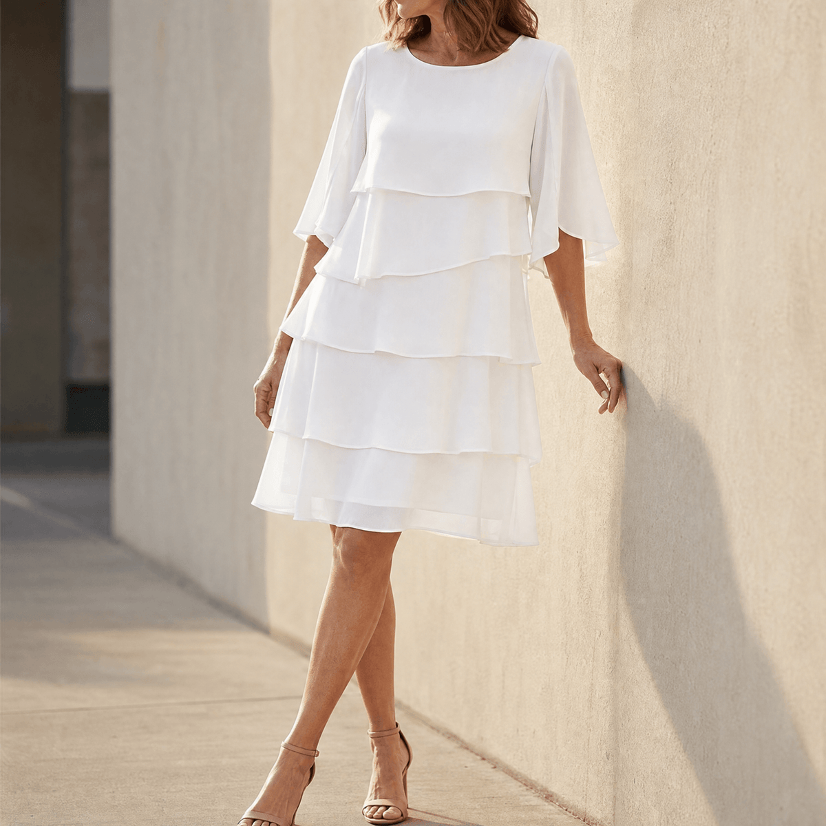 Women's Flutter Sleeve Mini Bridal Guest Dress - White