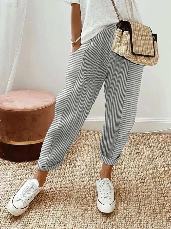 Women's Baggy Striped Linen Pants - Light Grey