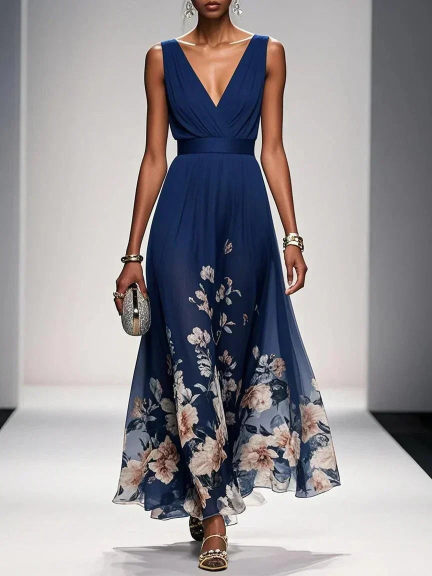 Women's Formal Floral Bridal Guest Dress - Navy Blue
