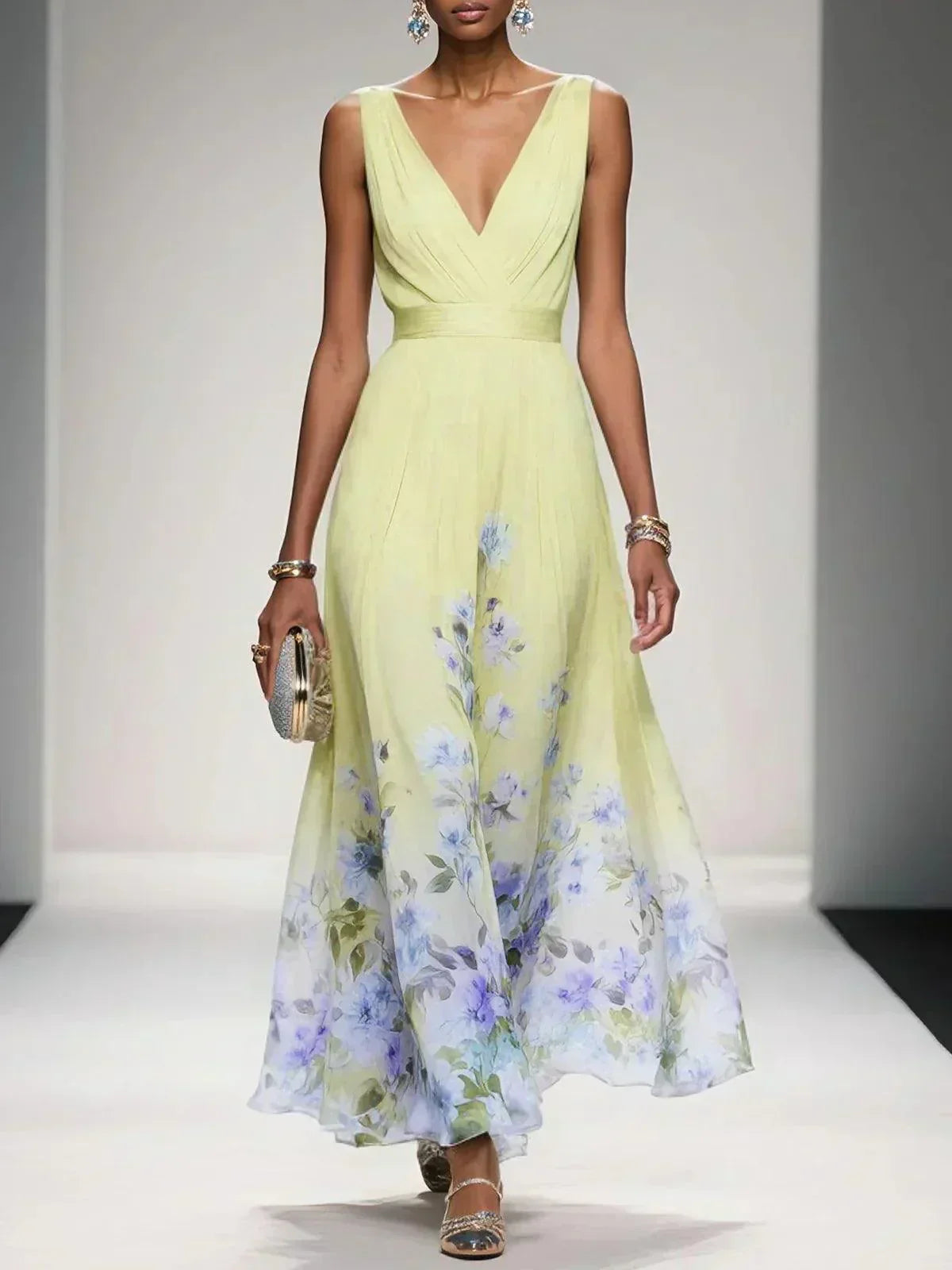 Women's Formal Floral Bridal Guest Dress - Yellow