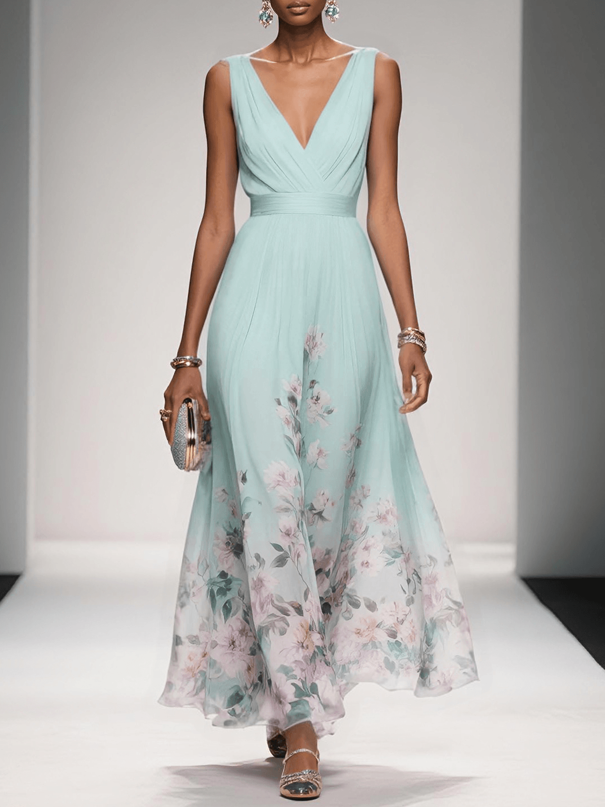 Women's Formal Floral Bridal Guest Dress - Light Green