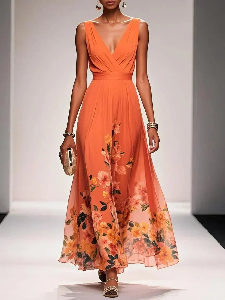 Women's Formal Floral Bridal Guest Dress - Orange