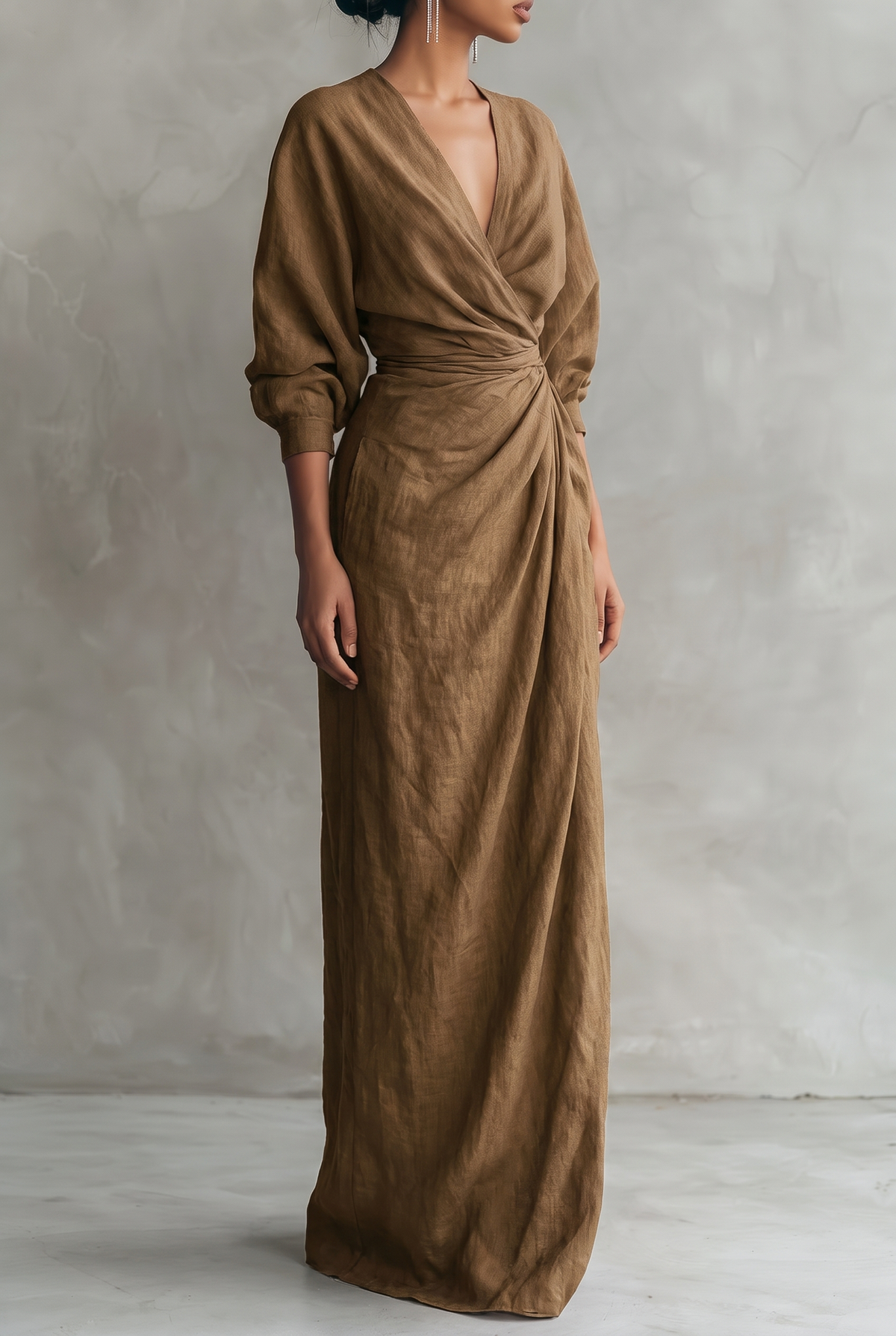 Women's Summer Wrap V-Neck Linen Maxi Dress - Brown