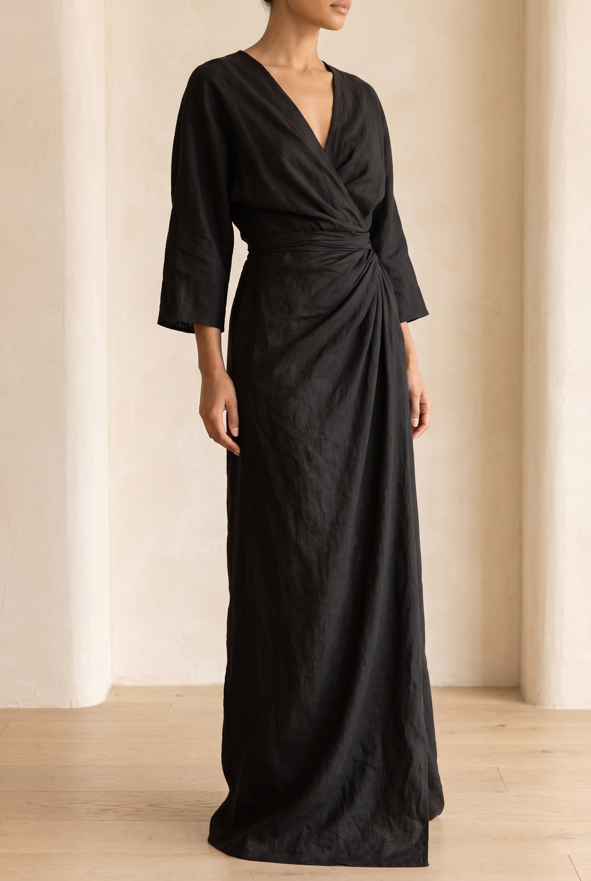 Women's Summer Wrap V-Neck Linen Maxi Dress - Black