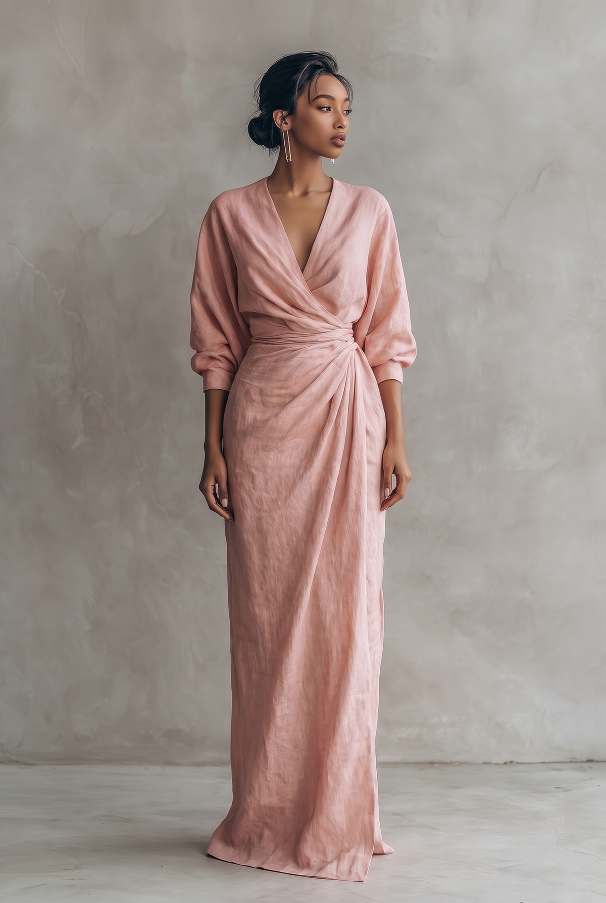 Women's Summer Wrap V-Neck Linen Maxi Dress - Pink