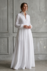 Perpetua | Women's Stand-Up Collar Cotton Linen Maxi Shirt Dress