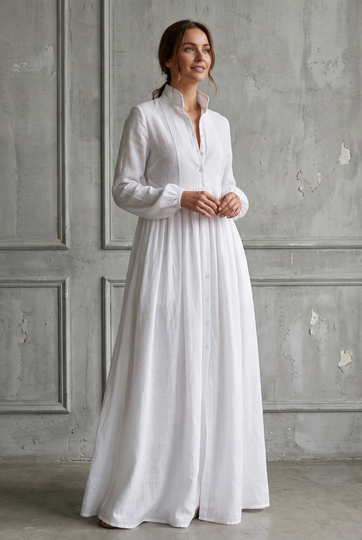 Women's Stand-Up Collar Cotton Linen Maxi Shirt Dress - White