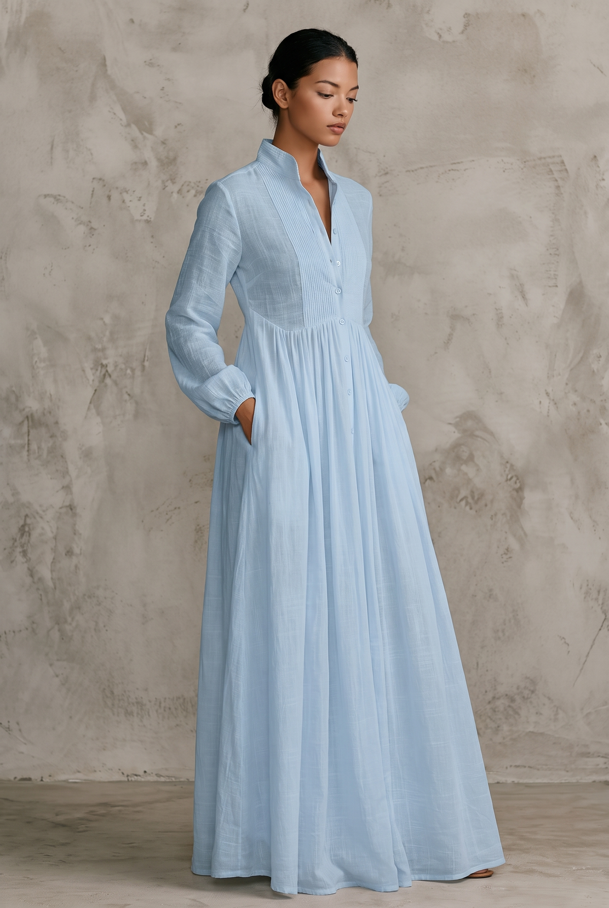 Women's Stand-Up Collar Cotton Linen Maxi Shirt Dress - Blue