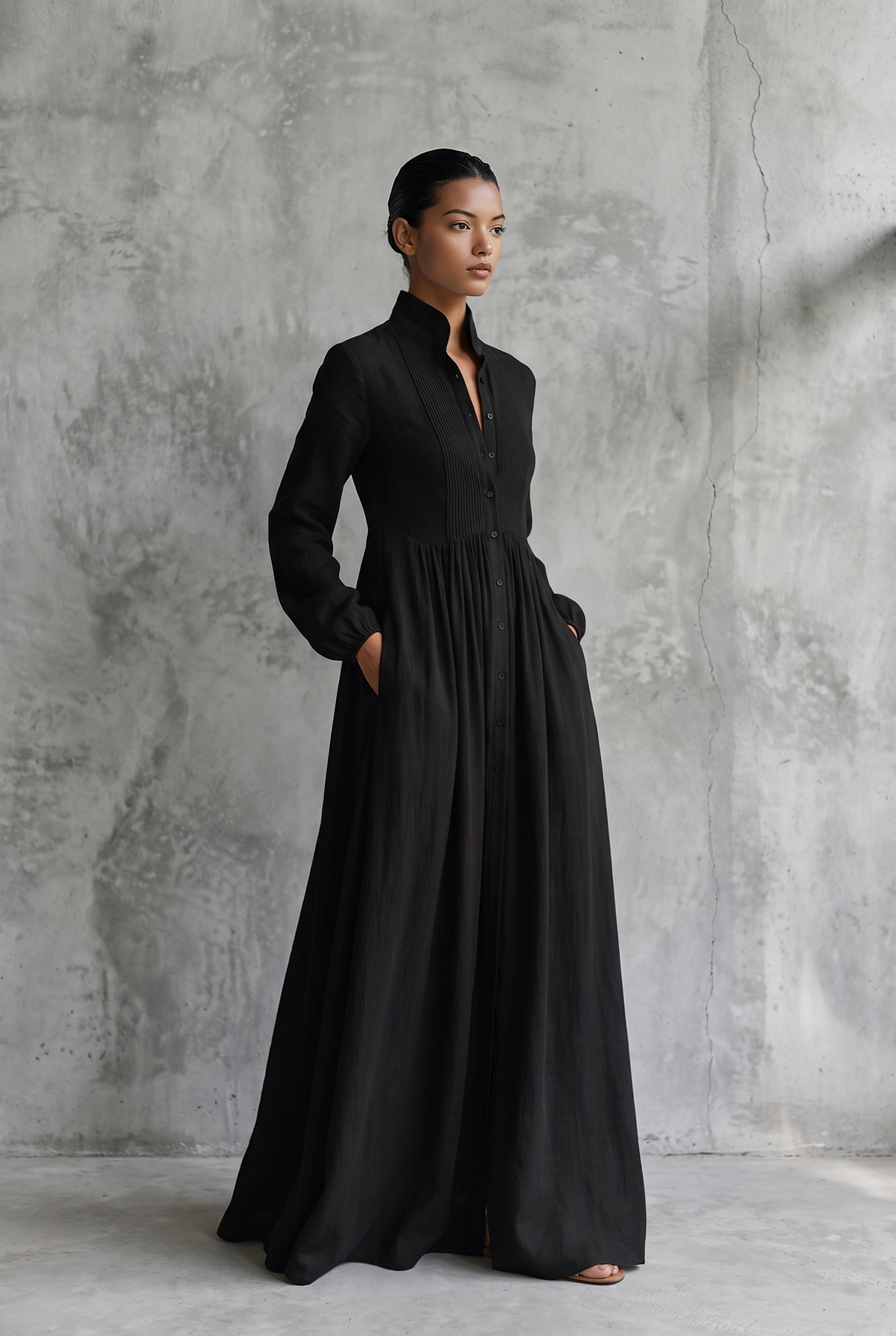Women's Stand-Up Collar Cotton Linen Maxi Shirt Dress - Black