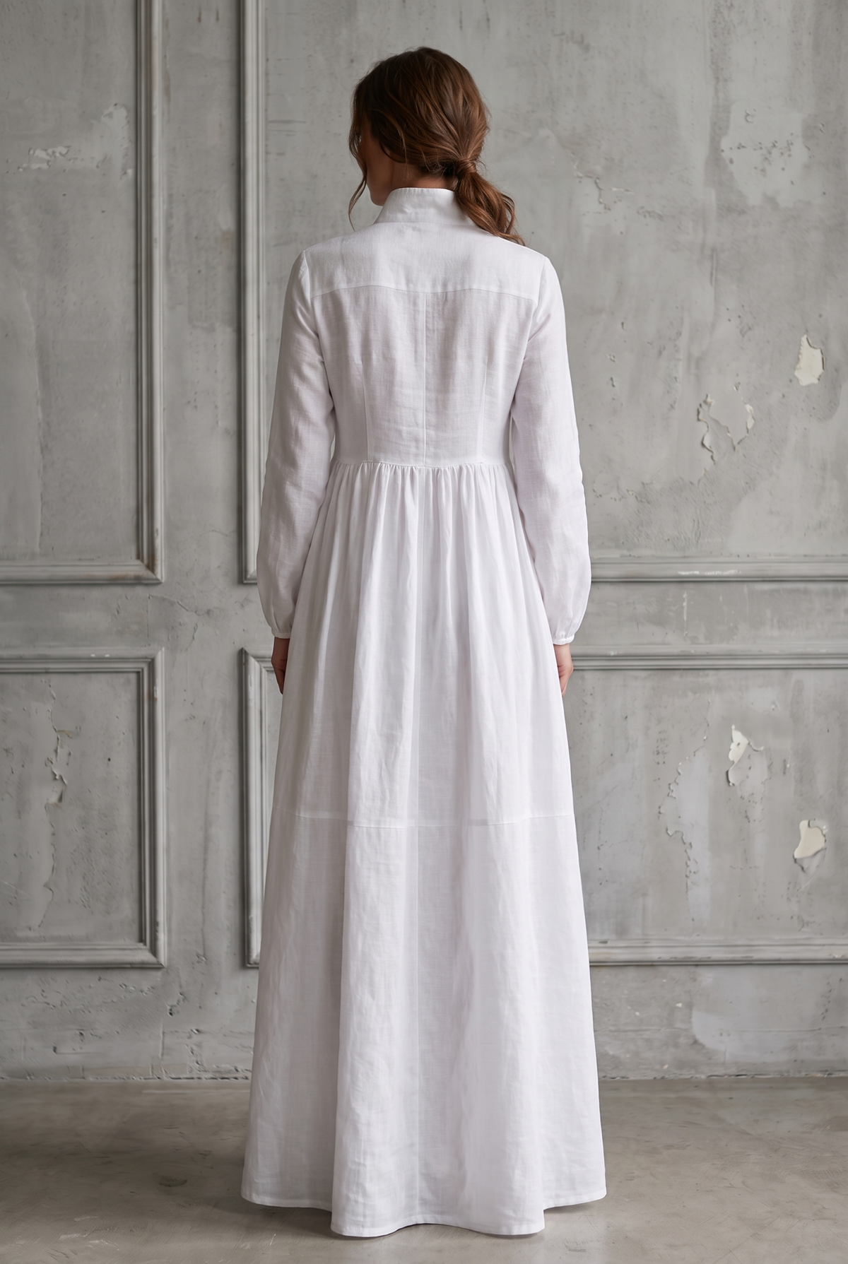 Women's Stand-Up Collar Cotton Linen Maxi Shirt Dress