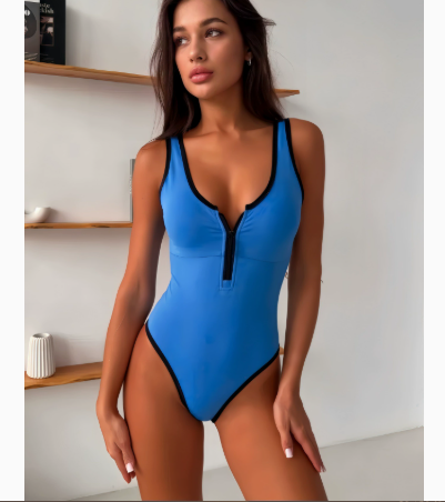 Women's Zip-Front Contrast Trim Swimsuit - Blue