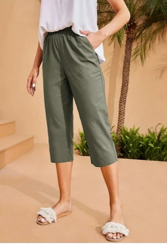 Women's Linen Cotton Wide Leg Capri Pants - Multi