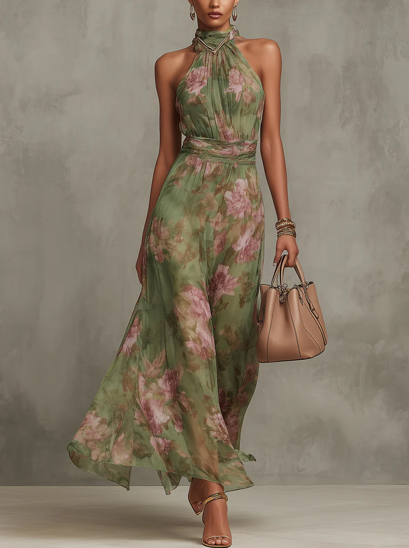 Women's Formal Floral Halter Maxi Dress - Green