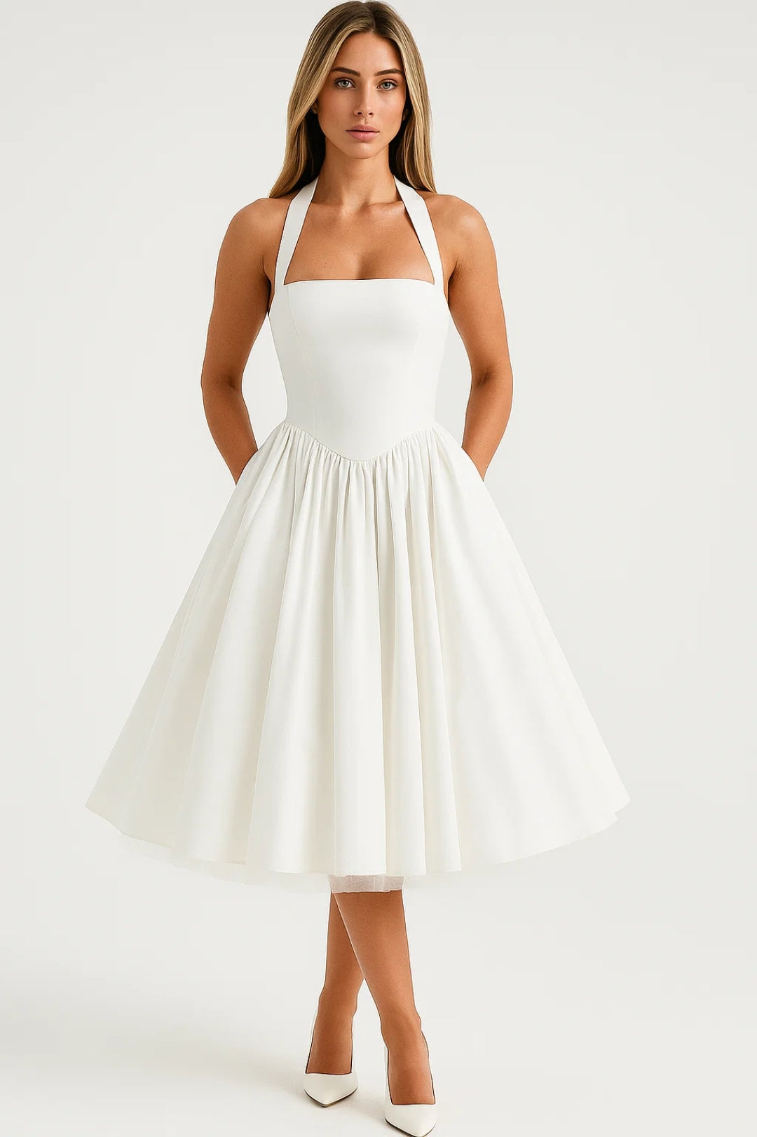 Women's Formal Cocktail Halter Neck Dress - White
