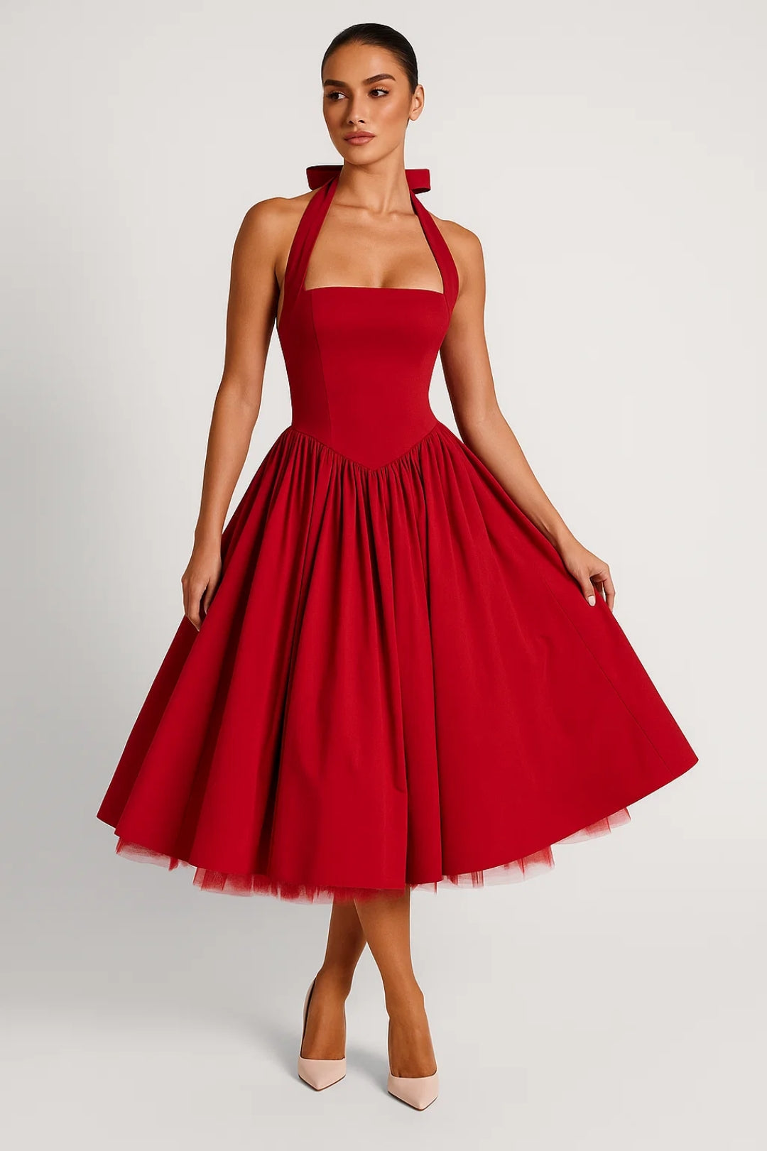 Women's Formal Cocktail Halter Neck Dress - Red