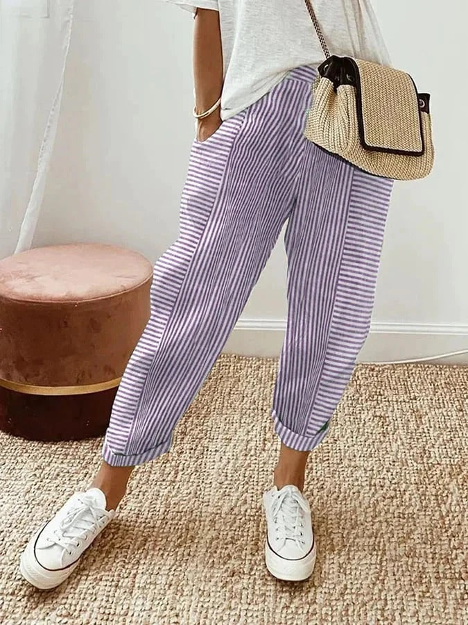 Women's Baggy Striped Linen Pants - Purple