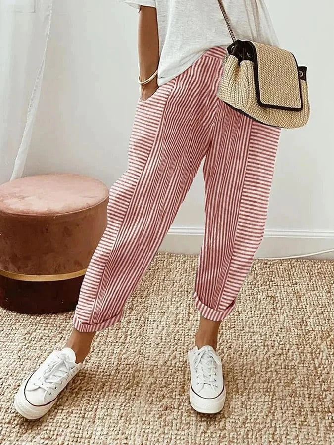 Women's Baggy Striped Linen Pants - Red