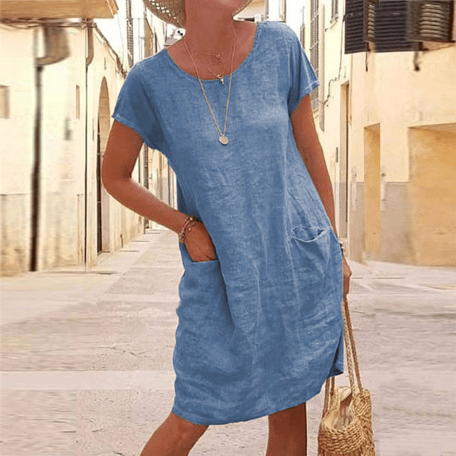 Women's Stylish Short Sleeve Summer Midi Linen Dress - Blue