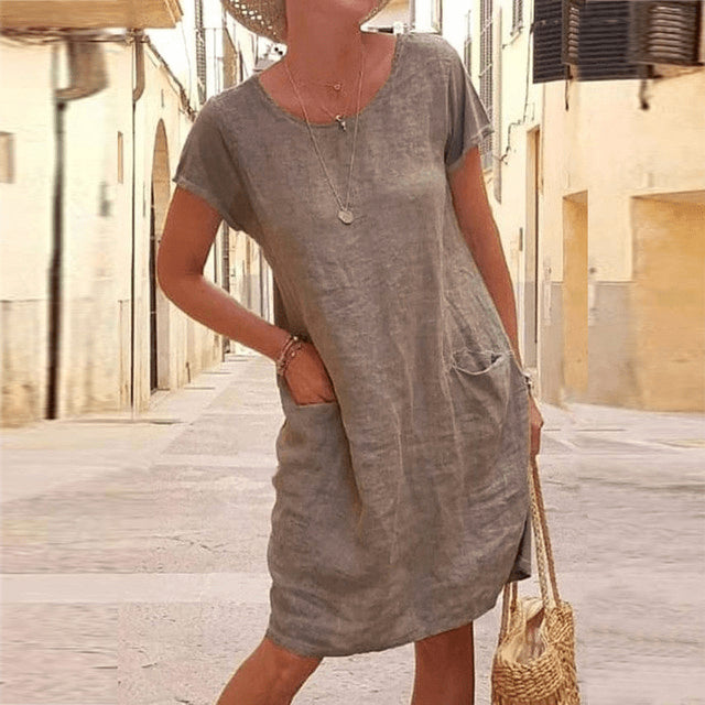 Women's Stylish Short Sleeve Summer Midi Linen Dress - Khaki