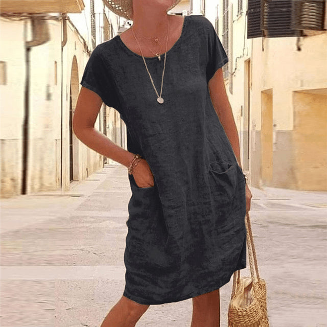 Women's Stylish Short Sleeve Summer Midi Linen Dress - Black